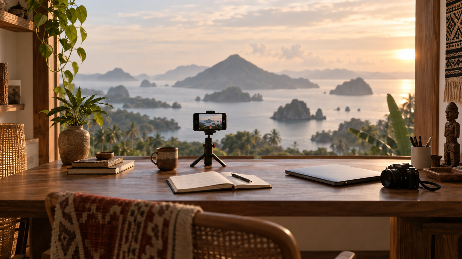 A creator desk looking out toward a tropical landscape